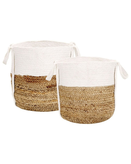 Set of 2 Storage Baskets Natural and White Jute and Cotton Braided Laundry Hamper Fabric Bin Beliani