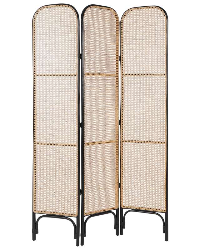 Room Divider Black Rattan Frame and Mesh 3 Panels Folding Decorative Screen Partition  Beliani