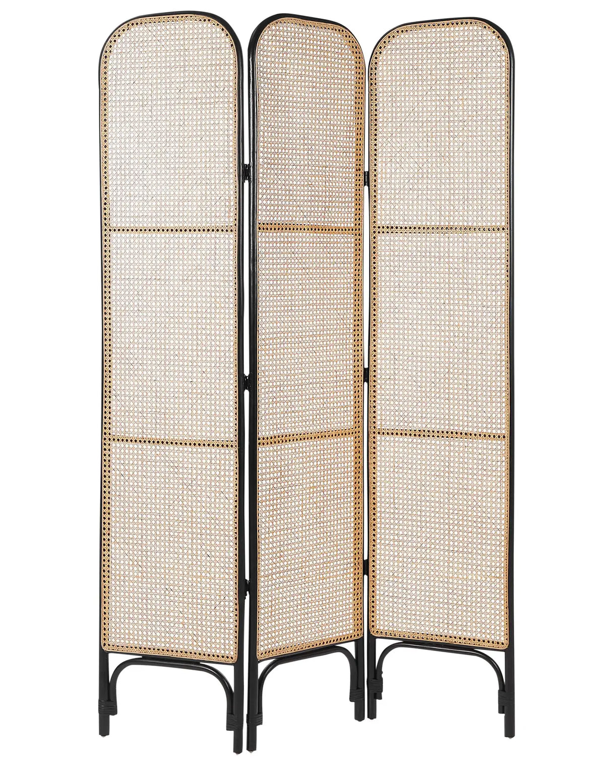 Room Divider Black Rattan Frame and Mesh 3 Panels Folding Decorative Screen Partition  Beliani