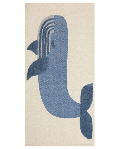 Kids Area Rug Beige and Blue 80 x 150 cm Cotton Animal Whale Pattern Handwoven Floor Playmat Beliani