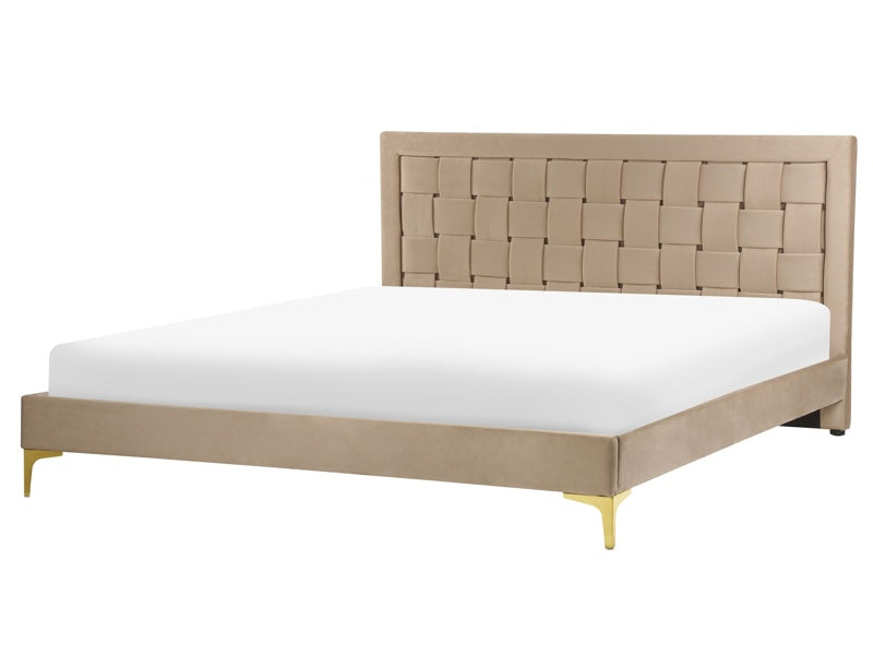 Upholstered Bed Frame Taupe Velvet EU King Size 160x200 cm 5ft3 Headboard Golden Legs  Beliani