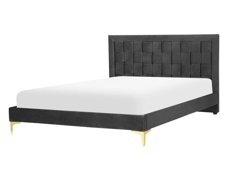 Upholstered Bed Frame Black Velvet EU Double 140x200 cm 4ft6 Headboard Golden Legs  Beliani