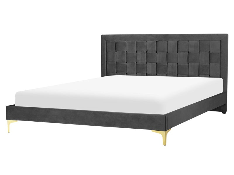 Upholstered Bed Frame Black Velvet  EU King Size 160x200 cm 5ft3 Headboard Golden Legs  Beliani