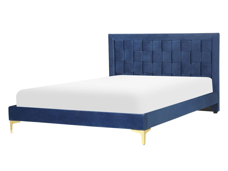 Upholstered Bed Frame Navy Blue Velvet EU Double 140x200 cm 4ft6 Headboard  Golden Legs  Beliani