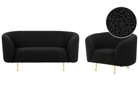 Living Room Set Black Boucle Fabric Soft Nubby Gold Legs 2 Seater Sofa Armchair Retro Glam Art Decor Style Beliani