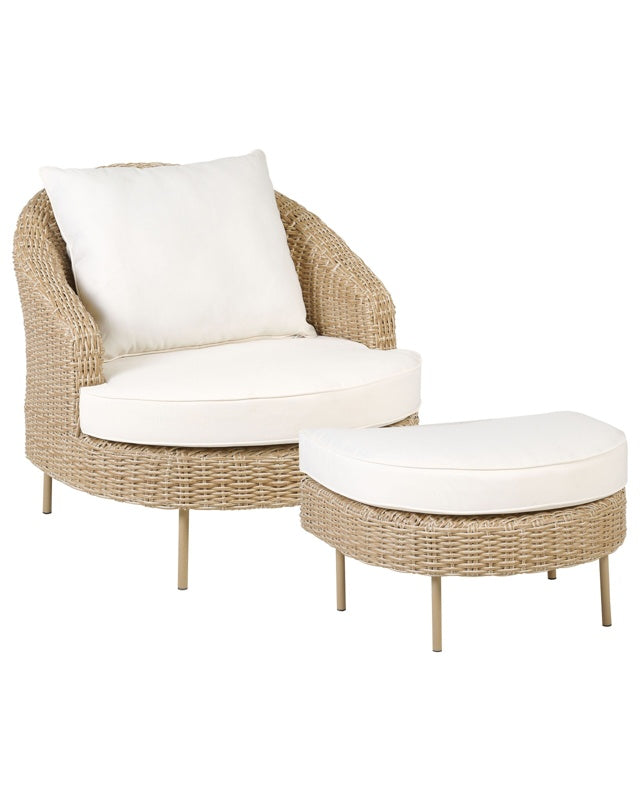 Garden Armchair with Footstool Nautral Shade White Cushions PE Rattan Boho Design Outdoor Sitting Beliani