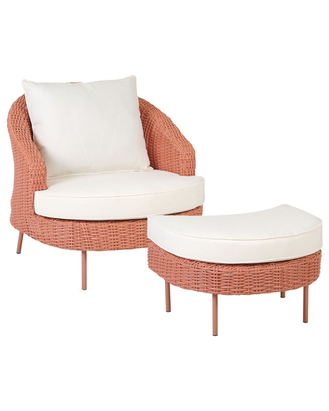 Garden Armchair with Footstool Pink White Cushions PE Rattan Boho Design Outdoor Sitting Beliani