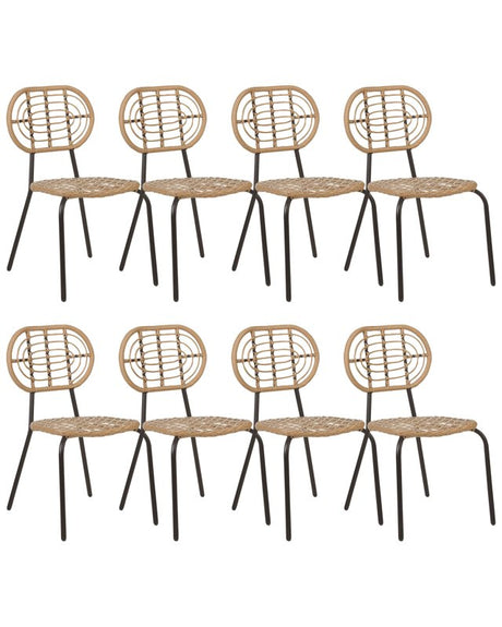 Set of 8 Chairs Natural PE Rattan Black Steel Frame Braided Backrest and Seat Boho Design Beliani