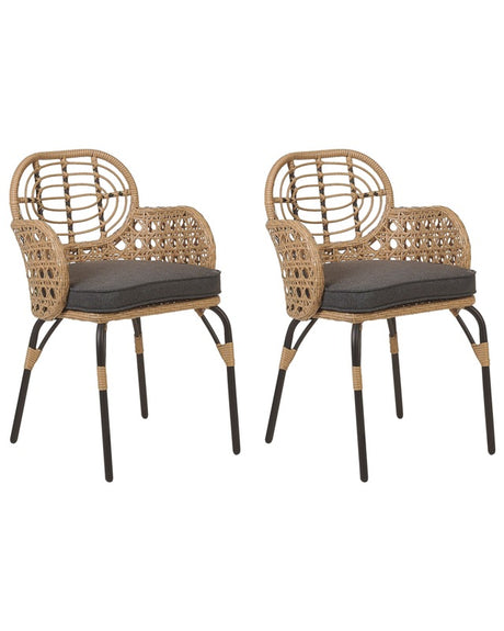 Set of 2 Chairs Natural PE Rattan with Grey Seating Pad Cushions Braided Backrest and Armrests Boho Design Beliani