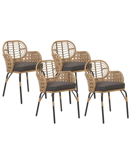 Set of 4 Chairs Natural PE Rattan with Grey Seating Pad Cushions Braided Backrest and Armrests Boho Design Beliani