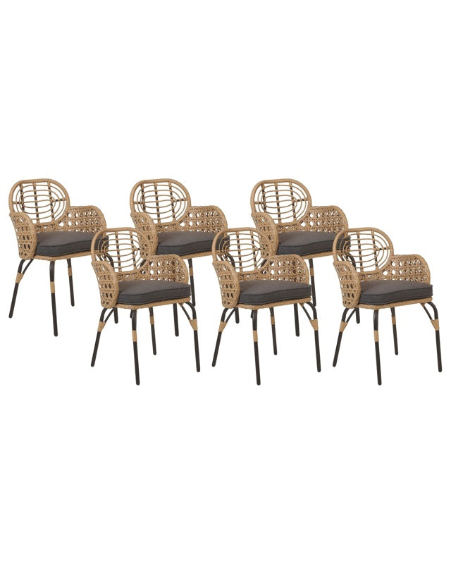 Set of 6 Chairs Natural PE Rattan with Grey Seating Pad Cushions Braided Backrest and Armrests Boho Design Beliani