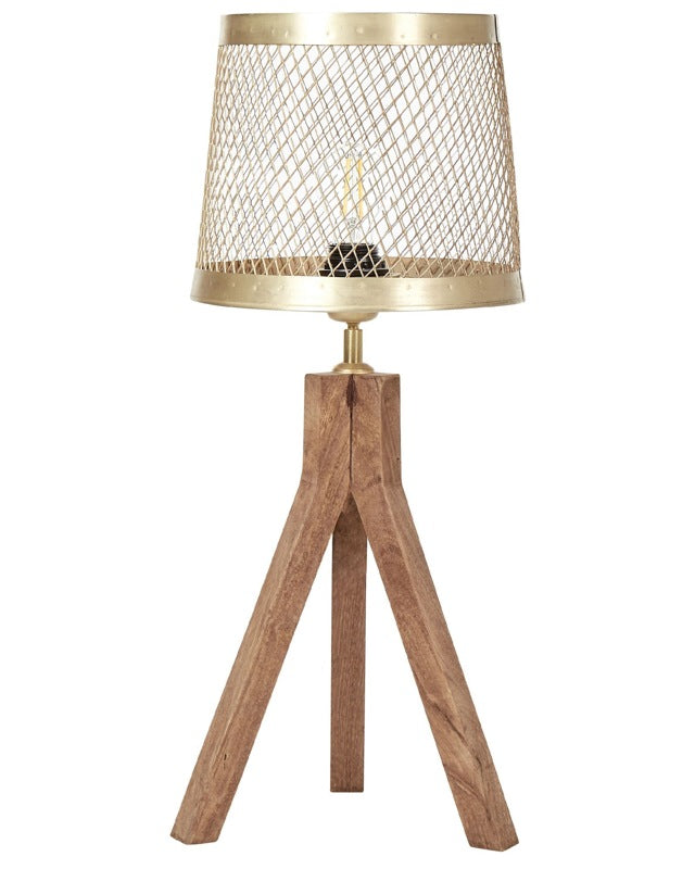 Table Lamp Dark Mango Wood with Brass Iron Shade Classic Design Modern Home Decor Lighting Beliani