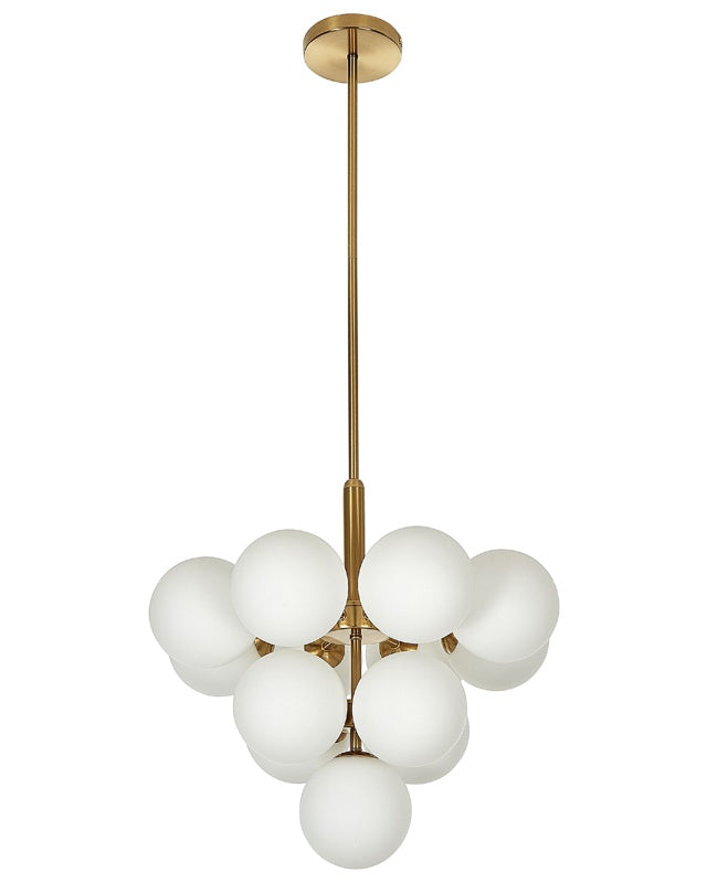 Pendant Lamp Brass Metal 100 cm 13-Lightbulb Fixture White Glass Globe Shades Glam Chandelier Beliani