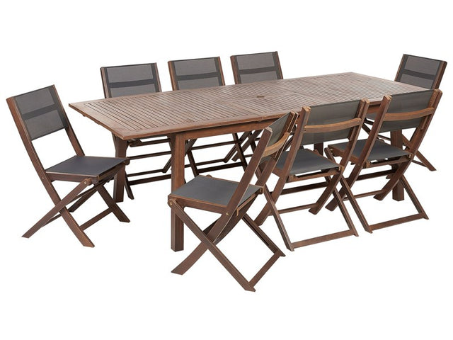 Garden Dining Set Dark Acacia Wood Grey PVC Fabric Extending Outdoor Table 8 Folding Chairs 9 Piece Furniture Set Beliani