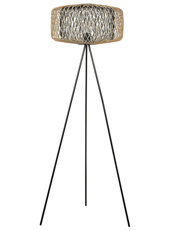 Floor Lamp Natural Colour Black Bamboo Wood Shade Metal Base 120 cm Boho Light Living Room Beliani