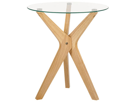 Side Table Light Wood Tempered Glass Tabletop Rubberwood Legs  45 cm Round End Table Modern Living Room Beliani