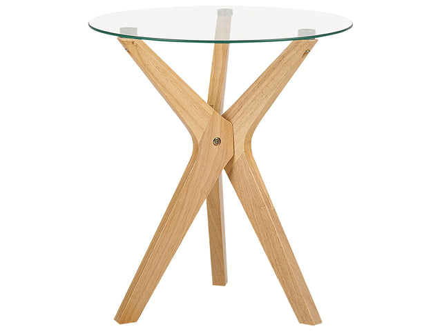 Side Table Light Wood Tempered Glass Tabletop Rubberwood Legs  45 cm Round End Table Modern Living Room Beliani
