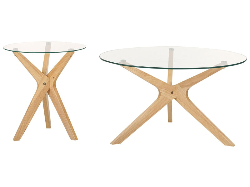 Set of 2 Coffee Tables Light Wood Tempered Glass Tabletop Rubberwood Legs Round Modern Living Room Beliani