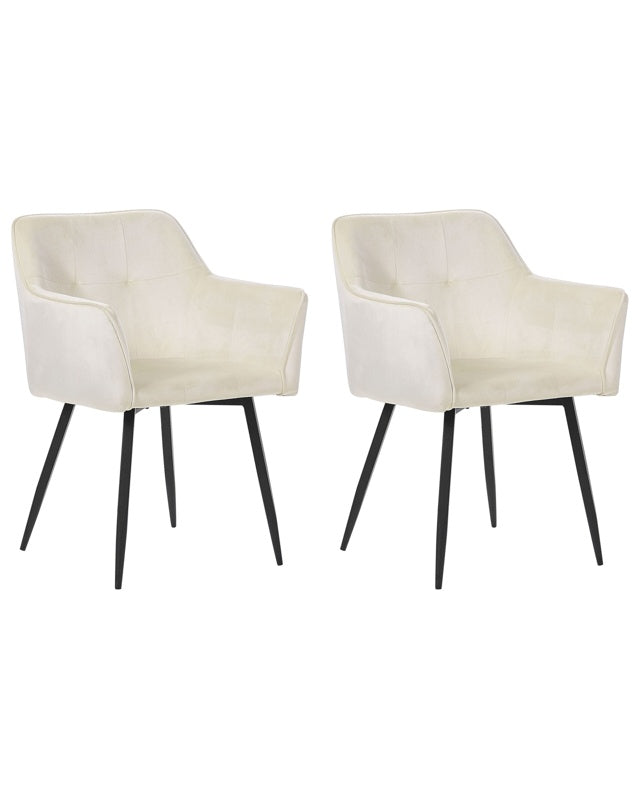 Set of 2 Dining Chairs Cream Beige Velvet Upholstered Seat with Armrests Black Metal Legs Beliani