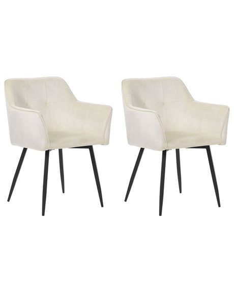 Set of 2 Dining Chairs Cream Beige Velvet Upholstered Seat with Armrests Black Metal Legs Beliani