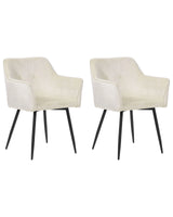 Set of 2 Dining Chairs Light Beige Velvet Upholstered Seat with Armrests Black Metal Legs Beliani