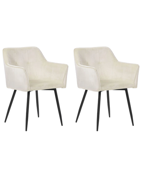 Set of 2 Dining Chairs Light Beige Velvet Upholstered Seat with Armrests Black Metal Legs Beliani