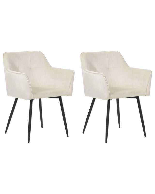 Set of 2 Dining Chairs Light Beige Velvet Upholstered Seat with Armrests Black Metal Legs Beliani