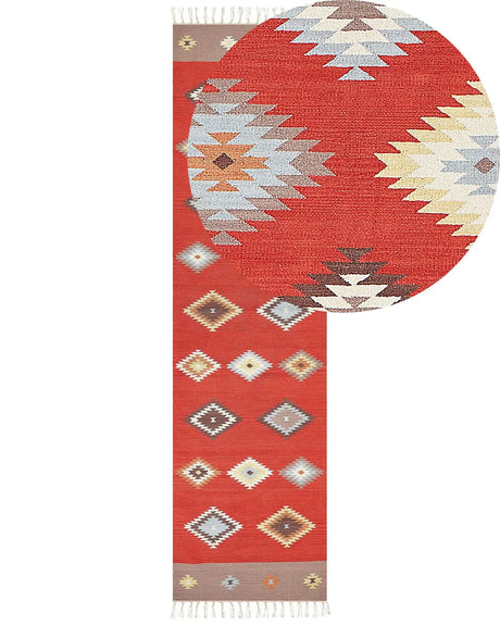 Kilim Runner Rug Multicolour Cotton 80 x 300 cm Low Pile Geometric Pattern Rectangular Traditional Beliani