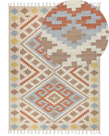 Kilim Area Rug Multicolour Cotton 160 x 230 cm Low Pile Geometric Pattern with Tassels Rectangular Traditional Beliani