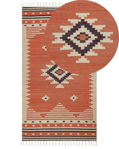Kilim Area Rug Multicolour Cotton 80 x 150 cm Reversible Geometric Pattern with Tassels Rectangular Traditional Beliani