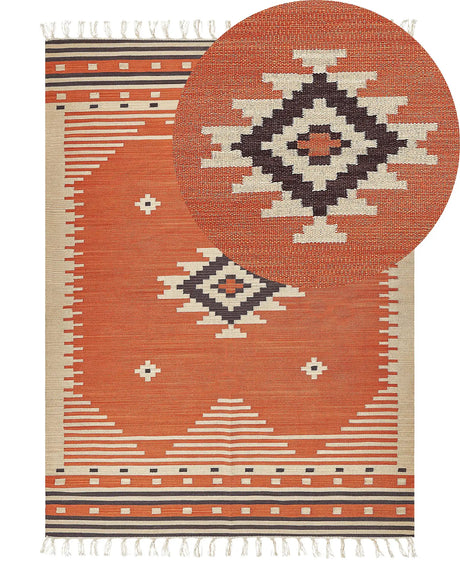 Kilim Area Rug Multicolour Cotton 140 x 200 cm Reversible Geometric Pattern with Tassels Rectangular Traditional Beliani