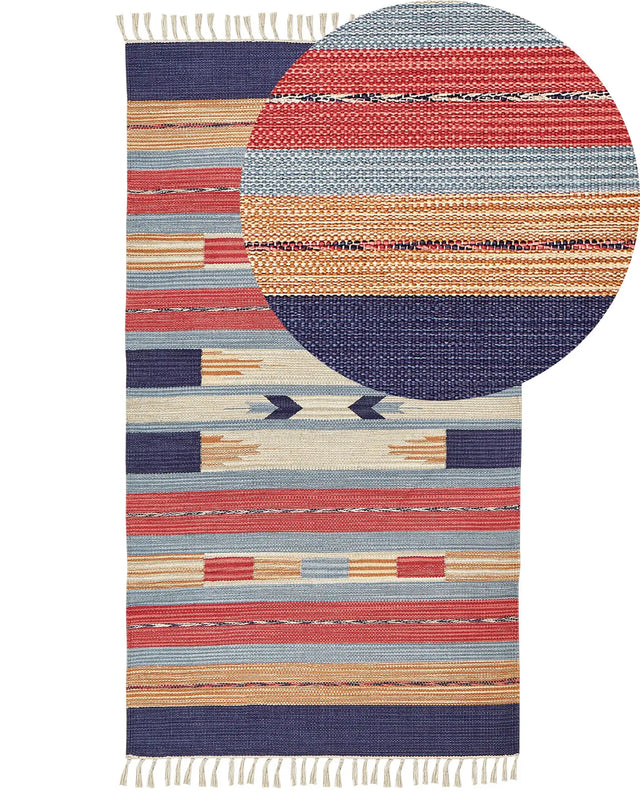 Kilim Area Rug Multicolour Cotton 80 x 150 cm Handwoven Reversible Flat Weave Geometric Pattern with Tassels Traditional Boho Living Room Bedroom Beliani