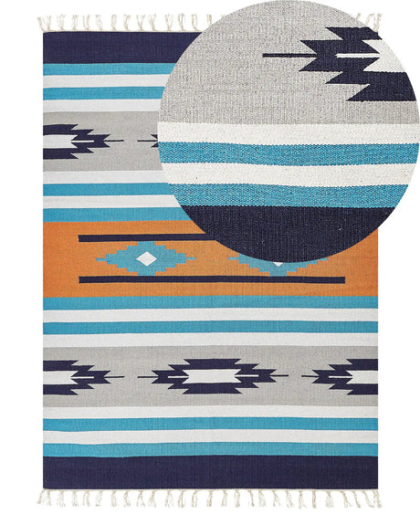 Kilim Area Rug Multicolour Cotton 140 x 200 cm Handwoven Reversible Flat Weave Geometric Pattern with Tassels Traditional Boho Living Room Bedroom Beliani