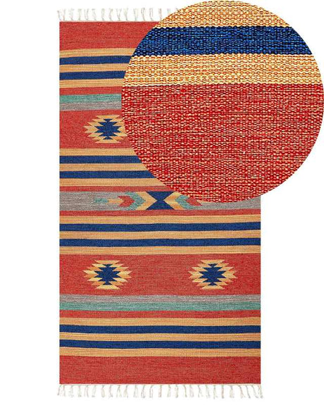 Kilim Area Rug Multicolour Cotton 80 x 150 cm Handwoven Reversible Flat Weave Geometric Pattern with Tassels Traditional Boho Living Room Bedroom Beliani