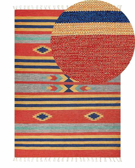 Kilim Area Rug Multicolour Cotton 140 x 200 cm Handwoven Reversible Flat Weave Geometric Pattern with Tassels Traditional Boho Living Room Bedroom Beliani