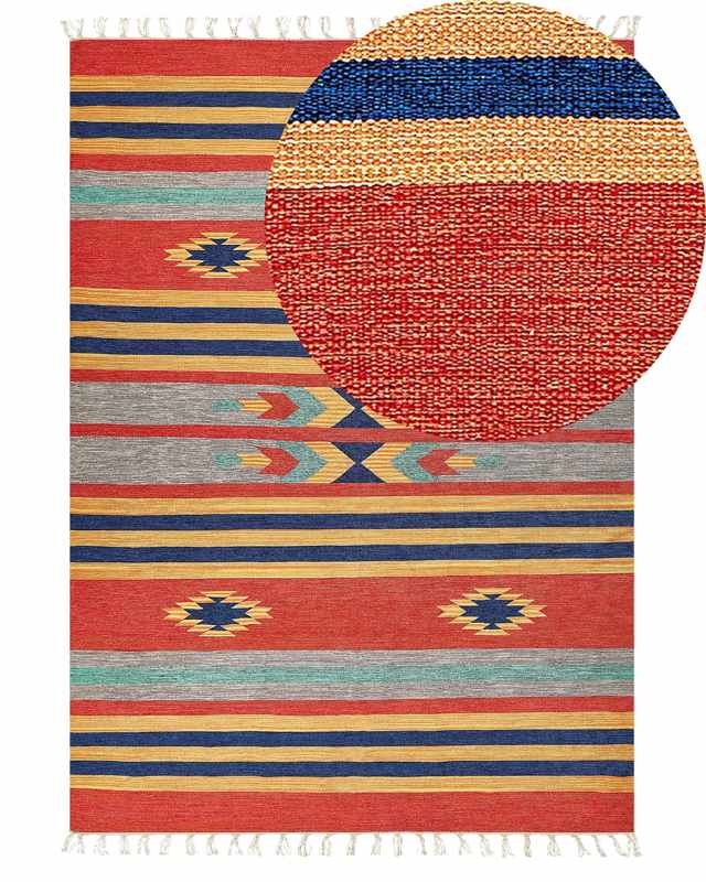 Kilim Area Rug Multicolour Cotton 200 x 300 cm Handwoven Reversible Flat Weave Geometric Pattern with Tassels Traditional Boho Living Room Bedroom Beliani