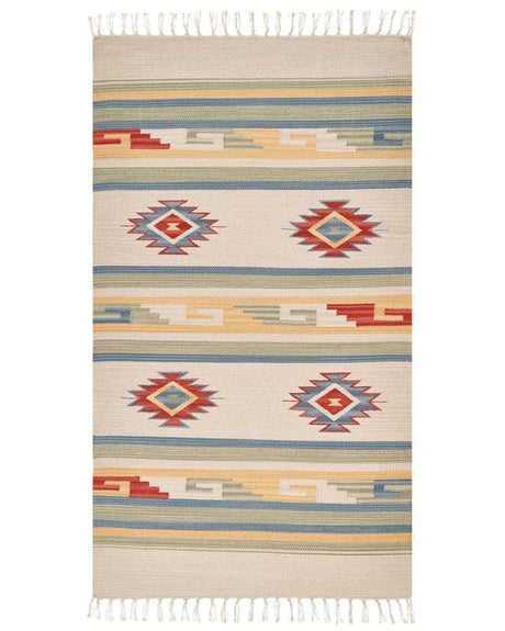 Klim Area Rug Beige and Brown Cotton 80 x 150 cm Cut Shuttle Handwoven Floor Wall Rug Geometric Symbols Reversible Pattern Tassels Beliani