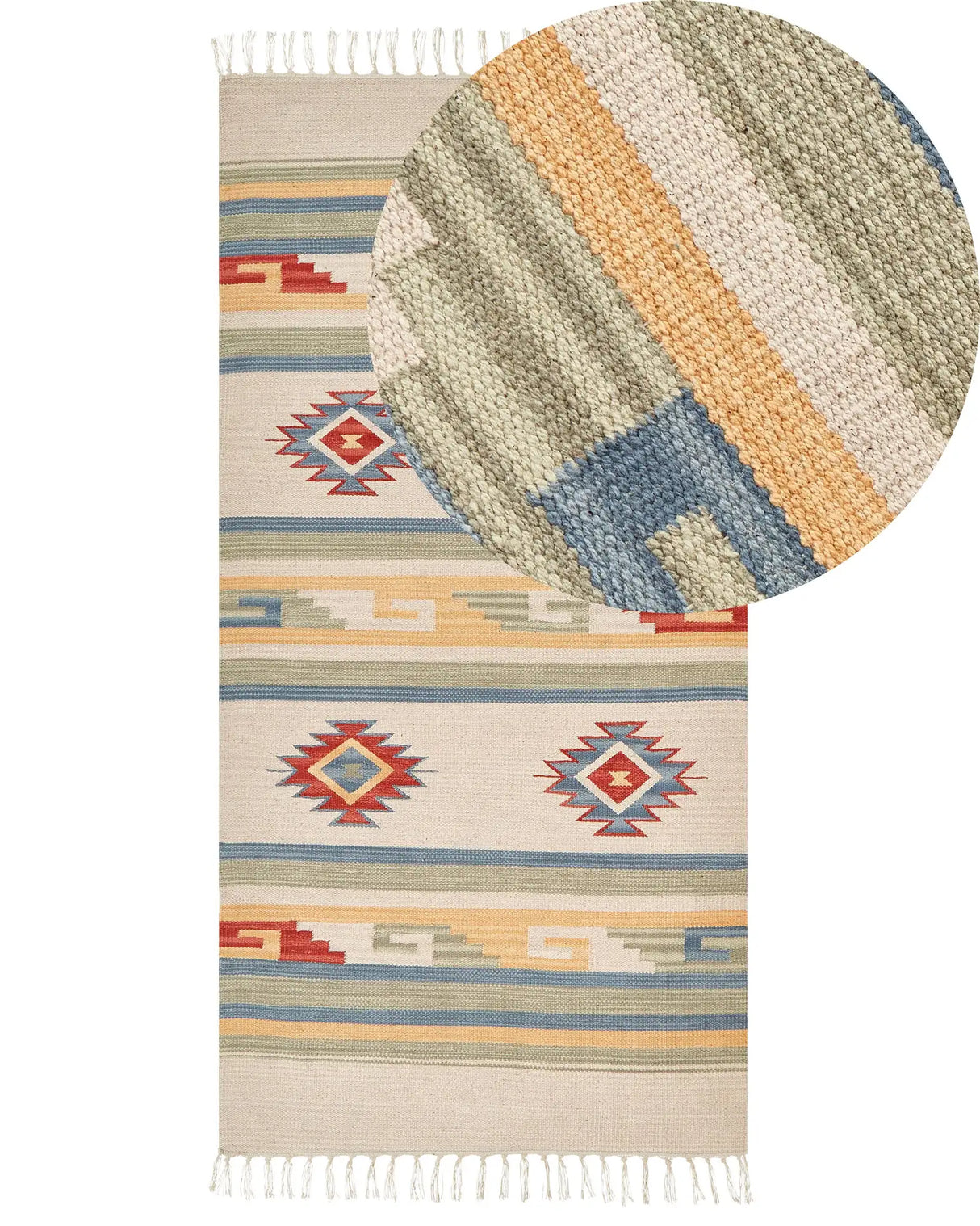 Klim Area Rug Beige and Brown Cotton 80 x 150 cm Cut Shuttle Handwoven Floor Wall Rug Geometric Symbols Reversible Pattern Tassels Beliani