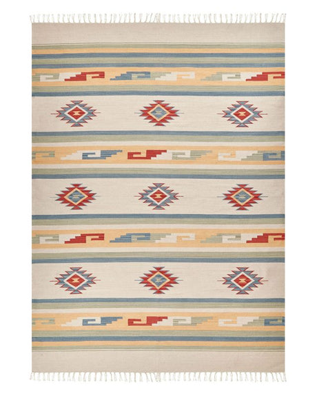 Klim Area Rug Beige and Brown Cotton 140 x 200 cm Cut Shuttle Handwoven Floor Wall Rug Geometric Symbols Reversible Pattern Tassels Beliani