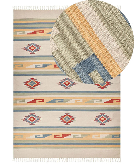 Klim Area Rug Beige and Brown Cotton 140 x 200 cm Cut Shuttle Handwoven Floor Wall Rug Geometric Symbols Reversible Pattern Tassels Beliani