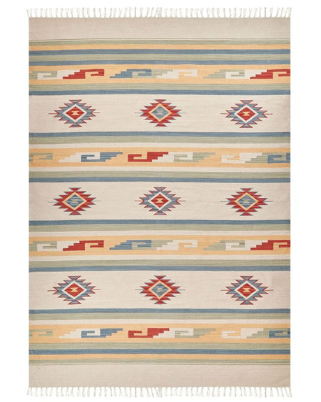 Klim Area Rug Beige and Brown Cotton 200 x 300 cm Cut Shuttle Handwoven Floor Wall Rug Geometric Symbols Reversible Pattern Tassels Beliani