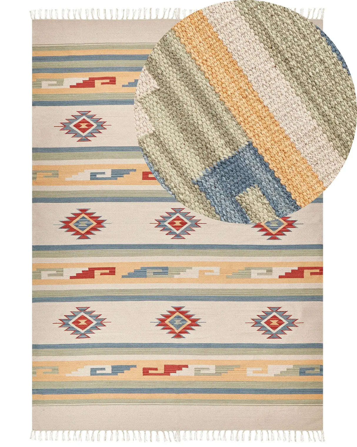 Klim Area Rug Beige and Brown Cotton 200 x 300 cm Cut Shuttle Handwoven Floor Wall Rug Geometric Symbols Reversible Pattern Tassels Beliani