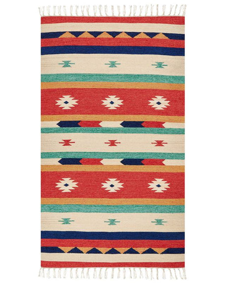 Klim Area Rug Multicolour Cotton 80 x 150 cm Cut Shuttle Handwoven Floor Wall Rug Geometric Reversible Pattern Tassels Beliani