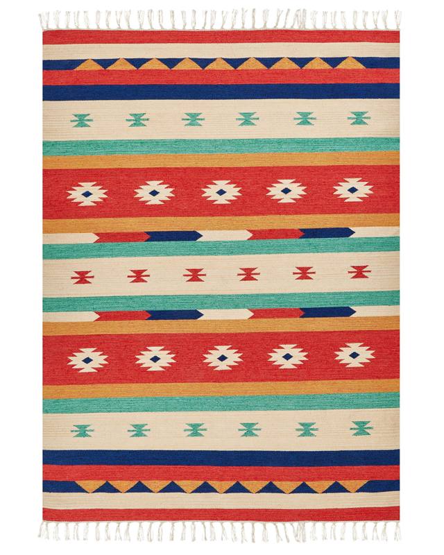 Klim Area Rug Multicolour Cotton 200 x 300 cm Cut Shuttle Handwoven Floor Wall Rug Geometric Reversible Pattern Tassels Beliani