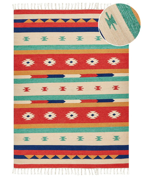 Klim Area Rug Multicolour Cotton 200 x 300 cm Cut Shuttle Handwoven Floor Wall Rug Geometric Reversible Pattern Tassels Beliani