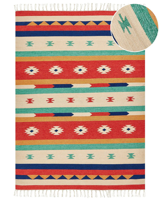 Klim Area Rug Multicolour Cotton 200 x 300 cm Cut Shuttle Handwoven Floor Wall Rug Geometric Reversible Pattern Tassels Beliani