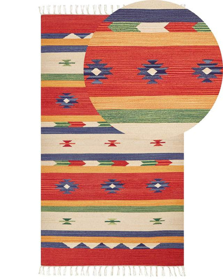 Klim Area Rug Multicolour Cotton 80 x 150 cm Cut Shuttle Handwoven Floor Wall Rug Geometric Reversible Pattern Tassels Beliani