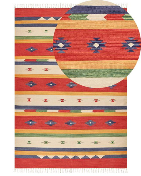 Klim Area Rug Multicolour Cotton 200 x 300 cm Cut Shuttle Handwoven Floor Wall Rug Geometric Reversible Pattern Tassels Beliani