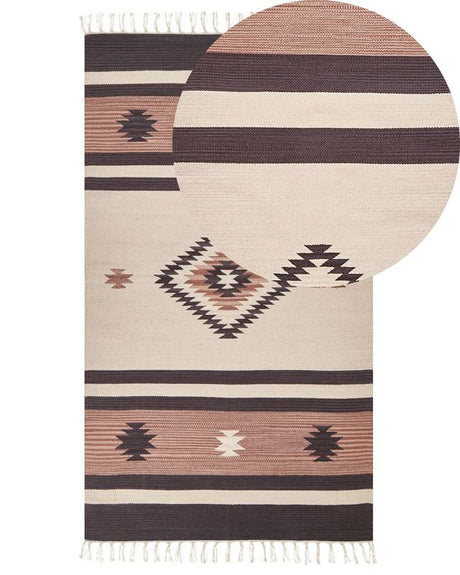 Klim Area Rug Beige and Brown Cotton 80 x 150 cm Cut Shuttle Handwoven Floor Wall Rug Geometric Reversible Pattern Tassels Beliani