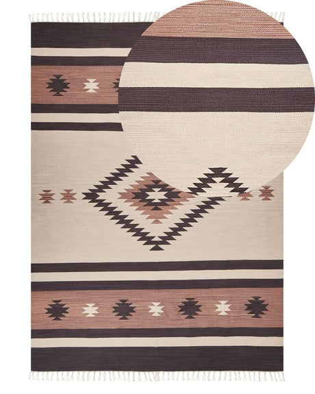 Klim Area Rug Beige and Brown Cotton 140 x 200 cm Cut Shuttle Handwoven Floor Wall Rug Geometric Reversible Pattern Tassels Beliani